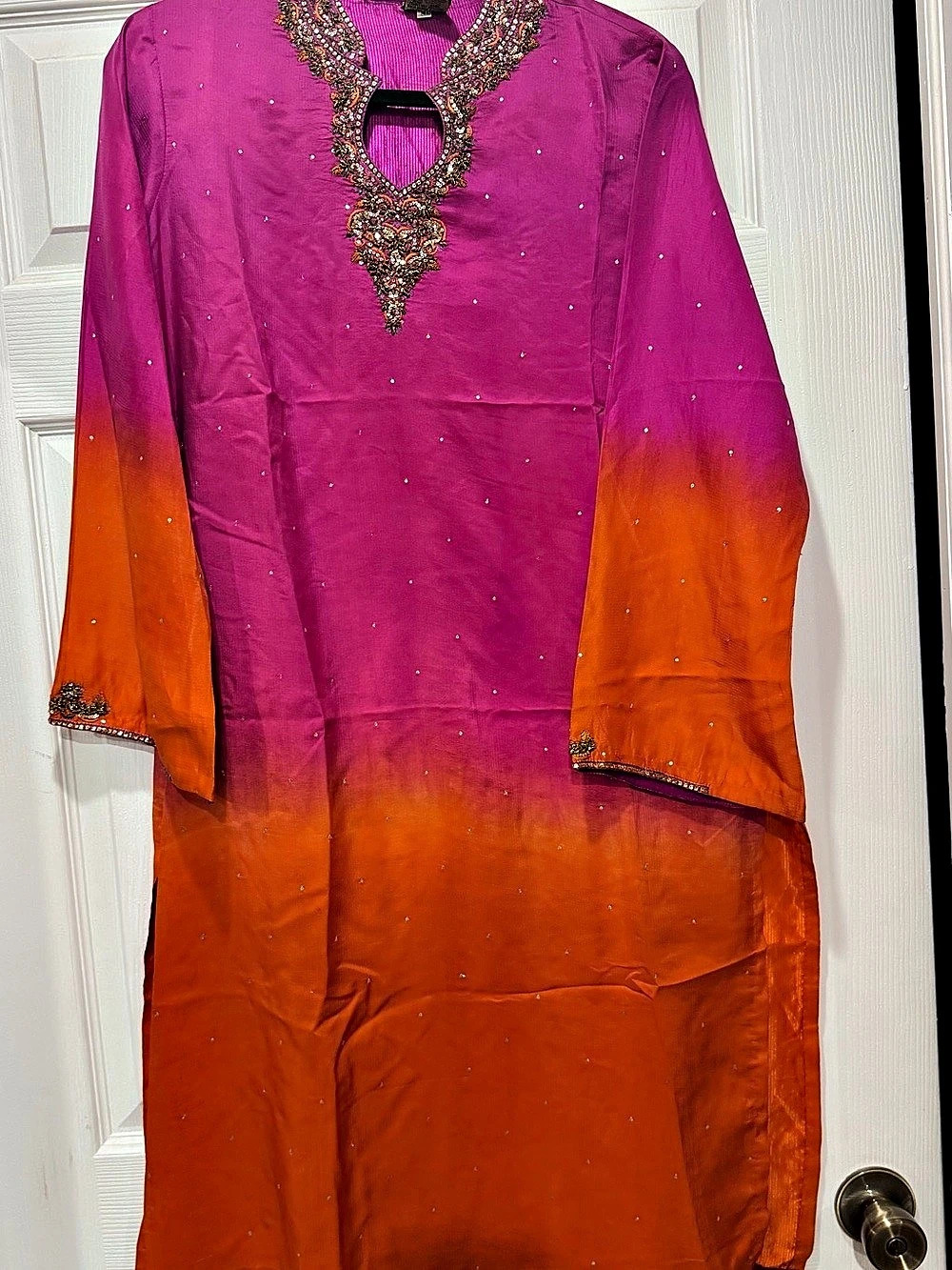 Pakistani Ombre two tone Embroidered Magenta and Rust outfit with two to e dupat
